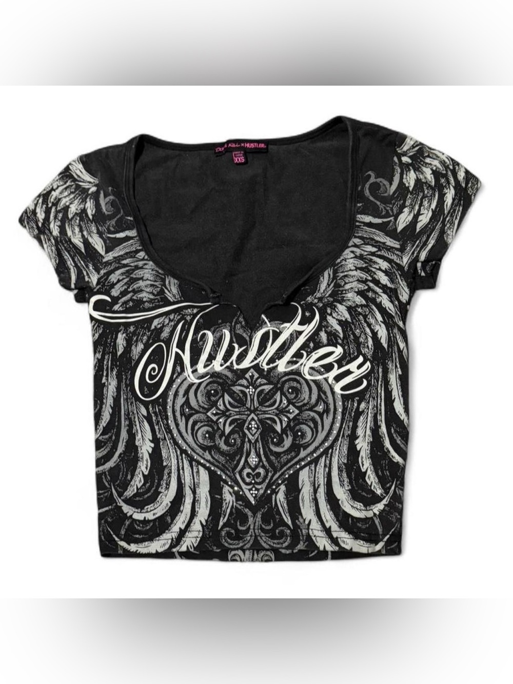 Hustler Hollywood Black fitted cropped Graphic Tee with White Script